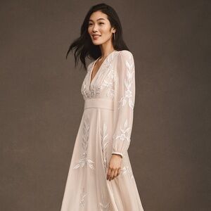 BHLDN Belize Embroidered A Line Long Dress in Champagne SZ 2